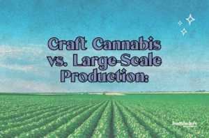 green field and blue sky with text over: Craft Cannabis vs. Large-Scale Production